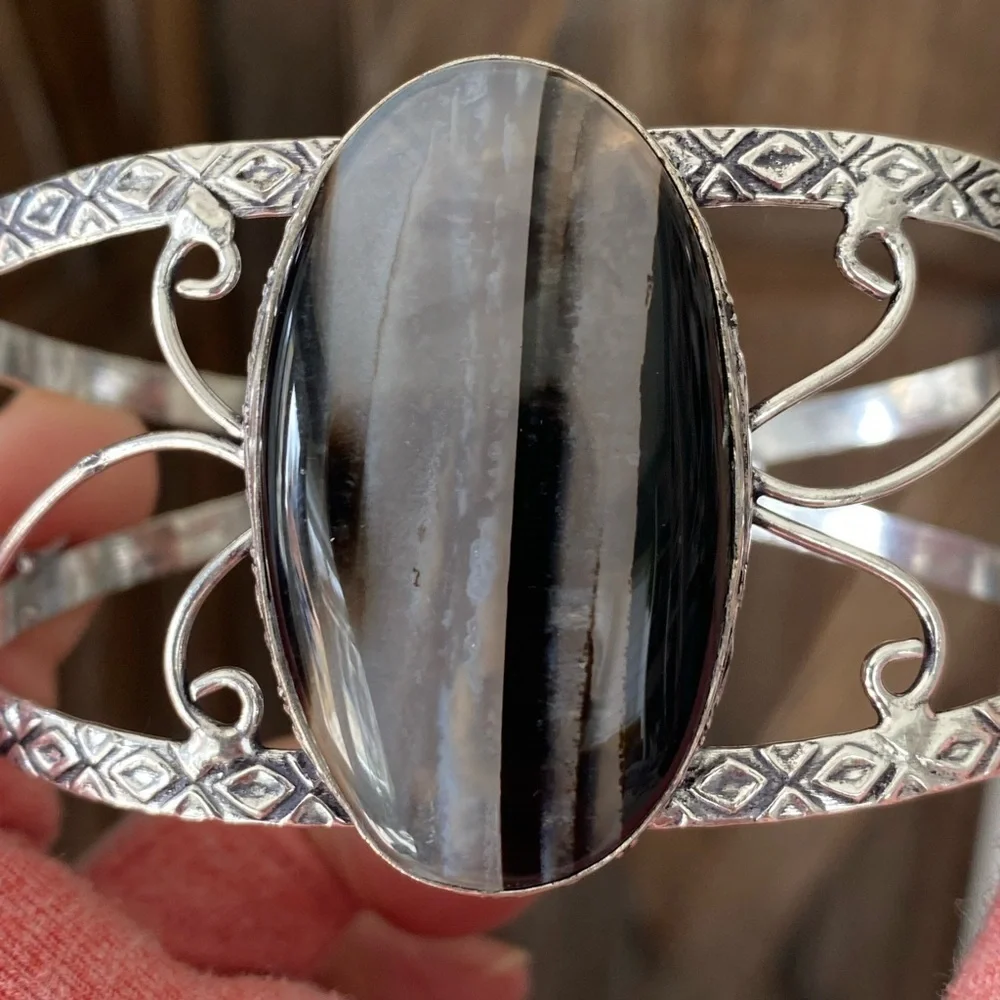 Handmade XL Chunky Smoky Quartz 925 Sterling Silver Cuff Bracelet